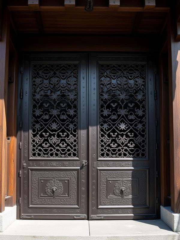 정교하게 단조된 금속 대문 (Intricately forged metal gate)