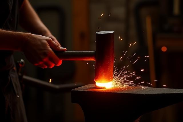 망치와 불꽃 앞에서 쇠를 두드리는 워크샵 참가자