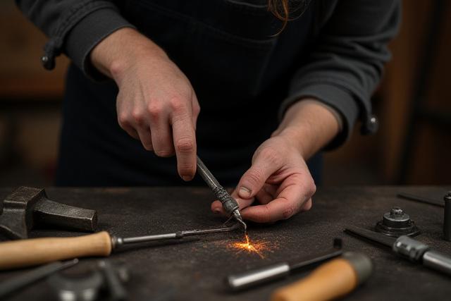정규 과정에서 숙련된 기술로 복잡한 금속 작품을 만드는 참가자